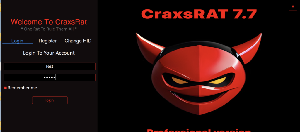 Main authentication login page of CraxsRAT